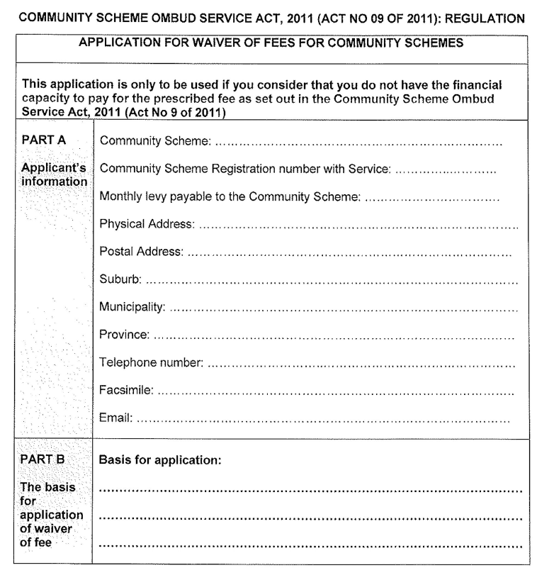 Application waiver of fees community schemes-1