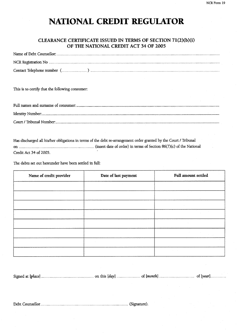 NCR Form 19