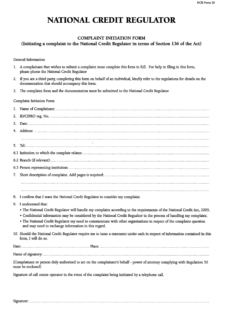 NCR Form 29