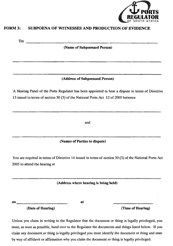 N826 Form 3 Subpoena of Witnesses and Production of Evidence pg 1